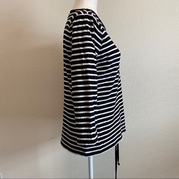 MICHAEL Michael Kors Black Stripe Front Tie 3/4 Sleeve Stretchy Top Large - Picture 7 of 11